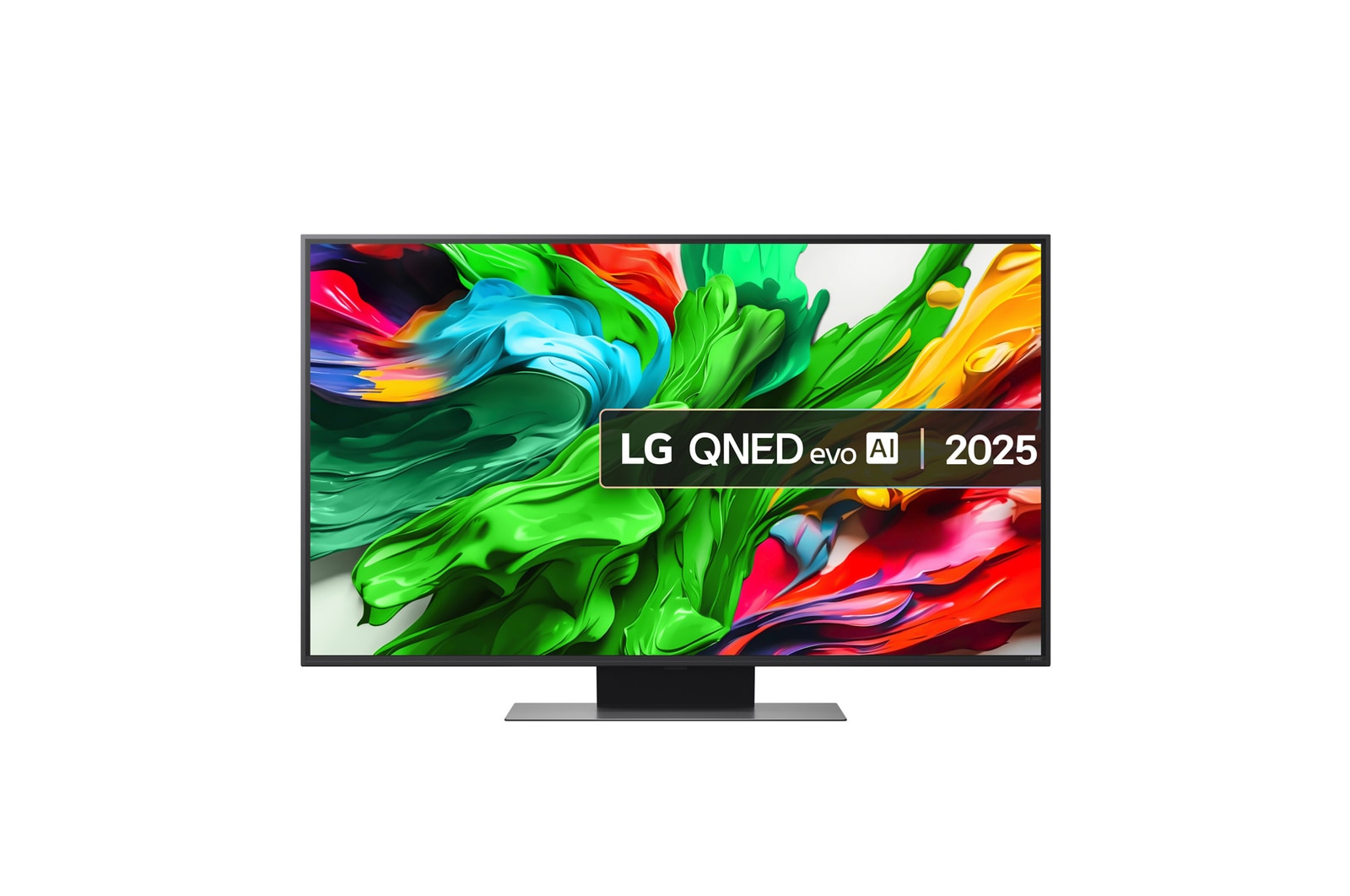 Front view of LG QNED evo TV, LG QNED evo Al Logo on the top corner. LG QNED evo TV depicts colorful paintike textures coming together.